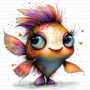 17 artes engraçadas e peculiares de peixes, clipart em aquarela JPG, diário de lixo, criação de cartões, download digital, fantasia, vida marinha excêntrica, álbum de recortes