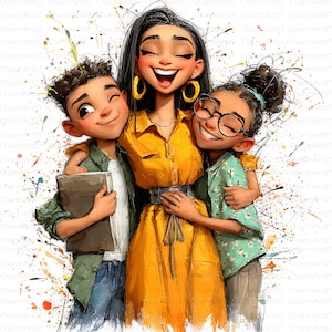 May include: Illustration of a woman and two children embracing, all smiling. The woman wears a yellow dress and gold hoop earrings. The children are wearing casual clothes. The background has colorful paint splatters.