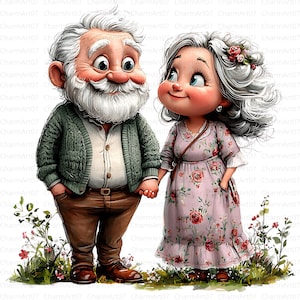 12 Clipart di coppia anziana, divertente coppia anziana, clipart di anniversario di matrimonio, clipart acquerello stampabile, JPG di alta qualità, download digitale