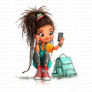 Black girl taking a photo, 17 Cute Afro Whimsical Girl, Teenage girl clipart, Printable Watercolor, High-Quality JPGs, Junk Journal, Craft