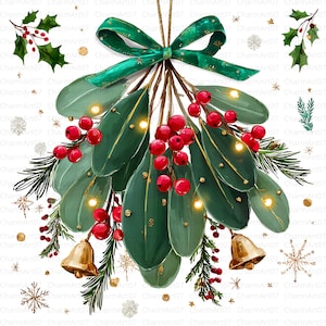 Può includere: Illustrazione ad acquerello di un'arrangiamento di vischio natalizio. Il design presenta grandi foglie verdi, bacche rosse brillanti e un nastro verde. Campane dorate, fiocchi di neve e rametti di pino completano il tema festivo.