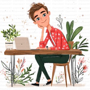 May include: Cartoon illustration of a person at a wooden desk with a laptop. The person wears a red floral shirt, green trousers, and black shoes. The desk is surrounded by plants and flowers. The image has a hand-drawn style.