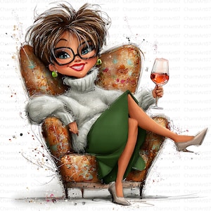 May include: Illustration of a woman with brown hair and glasses, wearing a white sweater and green skirt, seated in a patterned armchair. She holds a glass of red wine and wears gray heels. The artwork has a watercolor style.