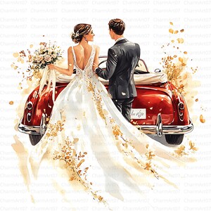 13 Bride and Groom in Just Married Wedding Car Clipart Bundle, High Quality Watercolor JPGs, Craft, Wedding Car, Scrapbook, Digital Download