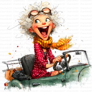 Grandma Driver clipart, 27 Funny Old Ladies Clipart, whimsical old woman, High-Quality JPGs,  Women Clipart, Junk Journal, Paper Craft