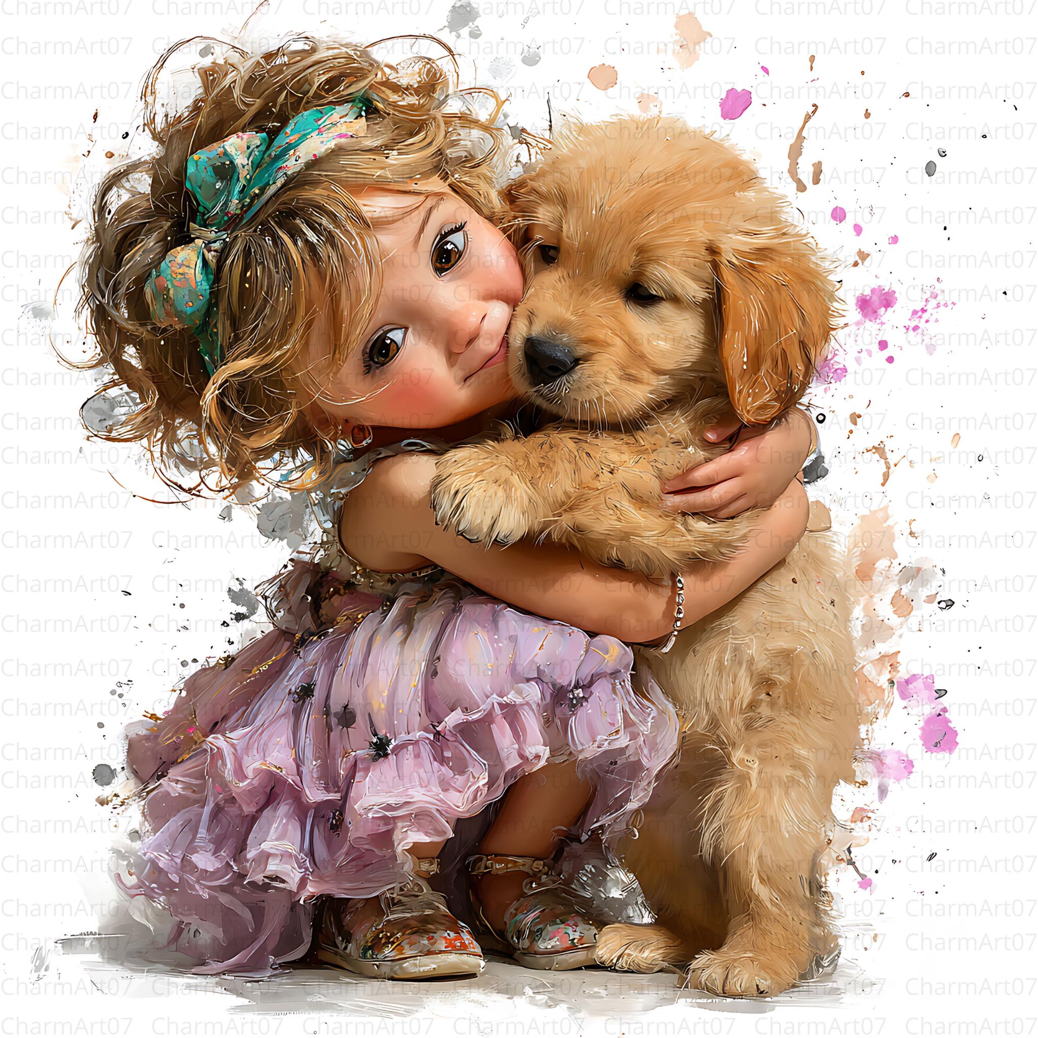 Girl With Dog Clipart: Watercolor Style, Dog Lover Art (JPG Digital ...