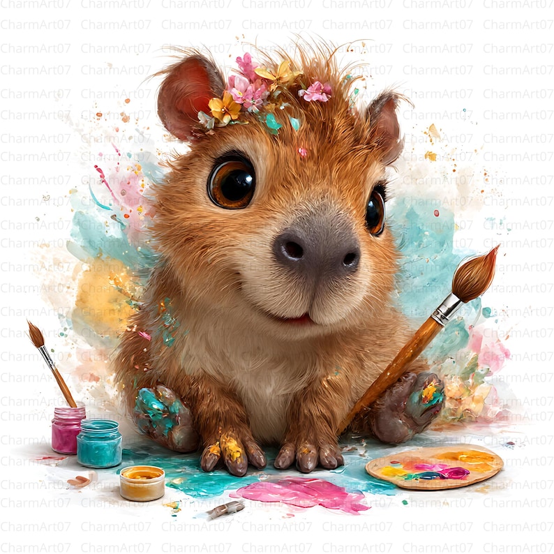 May include: A whimsical illustration of a brown, furry creature with large, expressive eyes, adorned with a floral crown. It holds a paintbrush and palette, surrounded by colorful paint splatters and jars, suggesting an artistic theme.