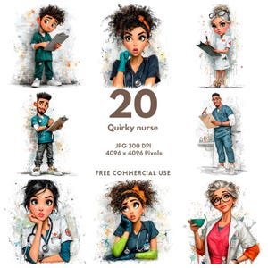 May include: A digital art image featuring 20 quirky nurse illustrations. The nurses are depicted in various poses and outfits, with a watercolor style. The image includes text that reads "20 Quirky nurse" and "Free Commercial Use."