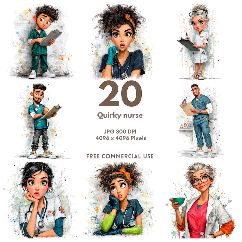 May include: A digital art image featuring 20 quirky nurse illustrations. The nurses are depicted in various poses and outfits, with a watercolor style. The image includes text that reads "20 Quirky nurse" and "Free Commercial Use."