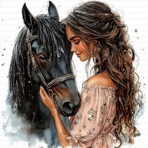 28 cliparts aquarelle fille et cheval, fichiers JPG de haute qualité, téléchargement numérique, scrapbooking, fabrication de cartes, cheval et fille, Junk Journal, artisanat