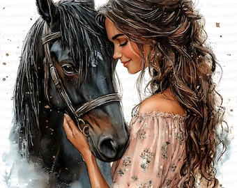 May include: A woman with long brown hair is gently touching the nose of a black horse. The horse is wearing a brown leather bridle. The woman is wearing a pink floral dress.