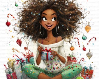 May include: Illustration of a woman with curly brown hair, wearing a white off-the-shoulder top and green patterned pants, surrounded by Christmas gifts and ornaments. She is holding a wrapped present with a red bow, with a joyful expression.