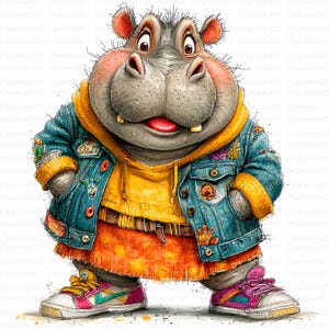 Puede incluir: Un hipop&oacute;tamo de dibujos animados con una chaqueta vaquera azul, una sudadera con capucha amarilla, una falda naranja y zapatillas coloridas. El hipop&oacute;tamo tiene un cuerpo gris, detalles rosas y una lengua roja. Estilo ilustrado.