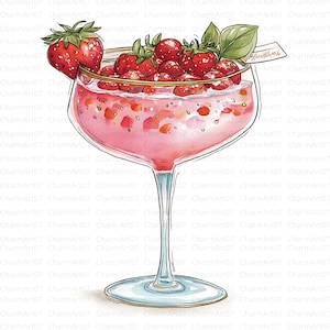 May include: A watercolour illustration of a cocktail in a large stemmed glass. The pink drink is filled with strawberries and small red pieces. A large strawberry and a sprig of leaves adorn the rim. The word "Justyne" is on a small tag.