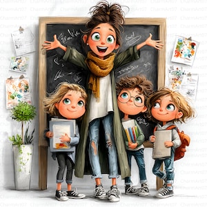 May include: A digital illustration of a teacher and three students in front of a chalkboard. The teacher has her arms open wide. The students are holding books and pencils. The artwork has a cartoon style with bright colors.