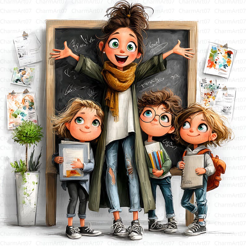 May include: A digital illustration of a teacher and three students in front of a chalkboard. The teacher has her arms open wide. The students are holding books and pencils. The artwork has a cartoon style with bright colors.