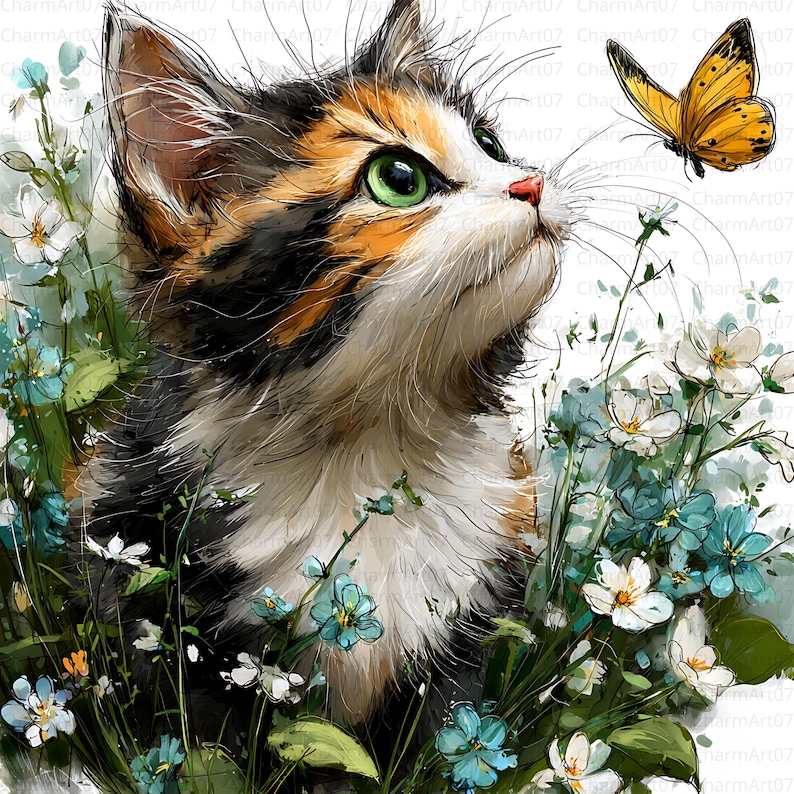 Peut inclure: Peinture à l'aquarelle d'un chaton tricolore aux yeux verts regardant un papillon jaune. Le chaton est entouré de fleurs bleues et blanches et de feuillage vert. L'œuvre a une qualité douce et rêveuse.