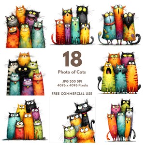 May include: A collection of whimsical cat illustrations in various colors, including orange, blue, and yellow. The image features multiple groups of cats with expressive faces and unique patterns. Text on the image reads "18 Photo of Cats".
