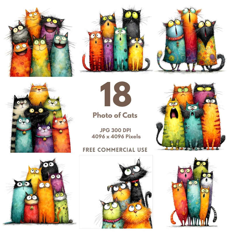 May include: A collection of whimsical cat illustrations in various colors, including orange, blue, and yellow. The image features multiple groups of cats with expressive faces and unique patterns. Text on the image reads "18 Photo of Cats".
