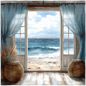 24 Window Seaside View, Window to Ocean Print, Printable Watercolor, High-Quality JPGs, Window Ocean View, Paper craft, Junk Journal