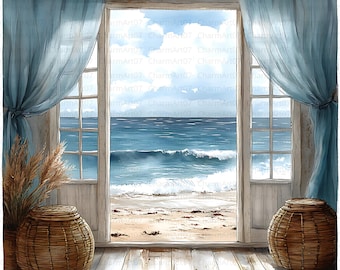 Seaside View Watercolor Print, Window to Ocean, Coastal Art (JPGs)