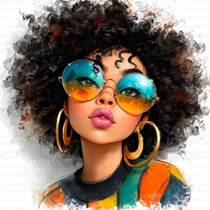 以下が含まれることがあります： デジタルアートの肖像画。黒い巻き毛の女性が、青と黄色のレンズの丸い金縁サングラスをかけています。大きな金のフープイヤリングと黒とカラフルなトップスを着ています。画像は水彩効果があります。