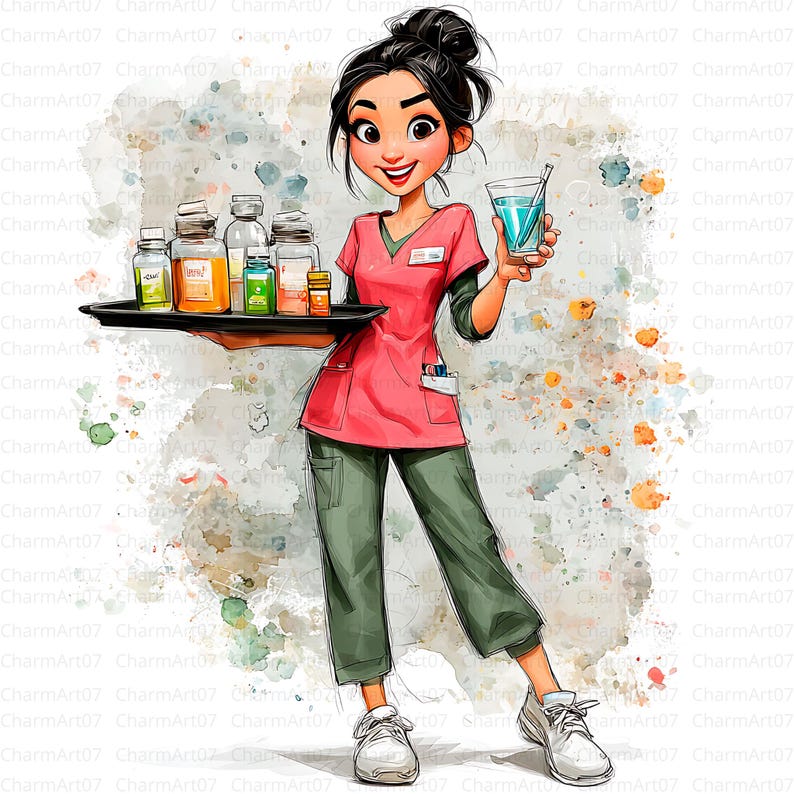 May include: Watercolor illustration of a smiling healthcare worker in a pink uniform and green pants, holding a tray of medicine bottles and a glass of blue liquid. The image has a soft, artistic style with watercolor splatters.