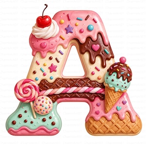 Könnte beinhalten: Ein dekorativer Buchstabe A in Dessertform mit rosa und Schokoladenguss, bunten Streuseln, einer roten Kirsche auf Schlagsahne, einem rosa gedrehten Lutscher und einer Kugel Minzeis in einer Waffel an der rechten Seite.
