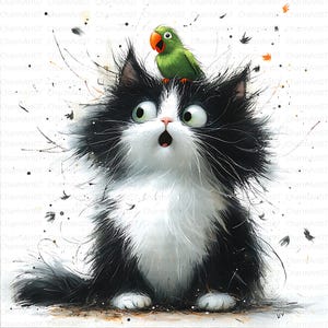 Frazzled Cat Watercolor Clipart: Bird Friends, Junk Journal (Digital Download)