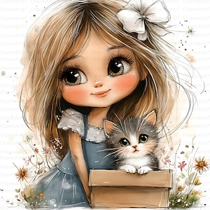 28 klein meisje met kitten, meisje clipart, eigenzinnige meisjes, schattig meisje clipart, afdrukbare aquarel clipart, hoge kwaliteit JPG, Paper Craft