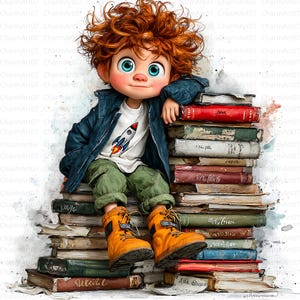 May include: A digital illustration of a cartoon child with red curly hair and blue eyes, wearing a white t-shirt with a rocket ship graphic, a blue jacket, and orange boots. The child is sitting on a stack of books. The image has a watercolor style.