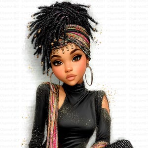 May include: Digital art portrait of a woman with black dreadlocks adorned with gold beads. She wears a black, long-sleeved top with cut-out shoulders, large gold hoop earrings, and a patterned head wrap. The image has a soft, artistic style.
