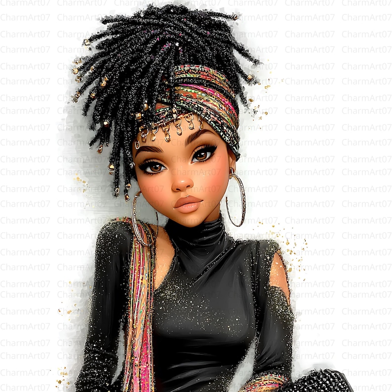 May include: Digital art portrait of a woman with black dreadlocks adorned with gold beads. She wears a black, long-sleeved top with cut-out shoulders, large gold hoop earrings, and a patterned head wrap. The image has a soft, artistic style.