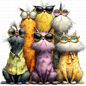 May include: A whimsical illustration of six cats, each with unique fur colors and wearing sunglasses. One cat sports a yellow shirt. The cats' expressions range from serious to amused, creating a fun and stylish image.
