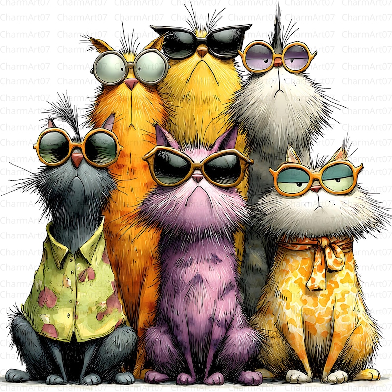 May include: A whimsical illustration of six cats, each with unique fur colors and wearing sunglasses. One cat sports a yellow shirt. The cats' expressions range from serious to amused, creating a fun and stylish image.