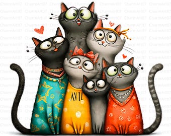 Funny Kitten Watercolor Clipart Bundle: Cartoon Cats, Scrapbook Art (Digital Download JPGs)