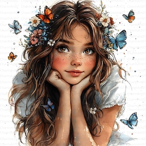 20 Mädchen mit Schmetterling, druckbare Aquarell Clipart, schrullig Mädchen Clipart, hochwertige JPGs, Schmetterling Aquarell, kleine Mädchen Clipart
