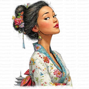 20 Japanese Women Clipart, Geisha with Fan Clipart, japanese clipart, Printable Watercolor Clipart, Paper Crafts, Digital Download, Journals