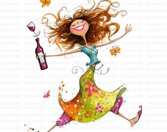 May include: A whimsical watercolor illustration of a woman joyfully running with a wine bottle and glass. She wears a blue top, a colorful skirt with floral patterns, and pink pants. Butterflies flutter around her, conveying a sense of happiness.