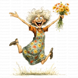 May include: A whimsical illustration of a joyful person jumping in the air, holding a bouquet of yellow flowers. The person wears an orange shirt and a floral print dress. The image has the text "CharmArt07" repeated throughout.