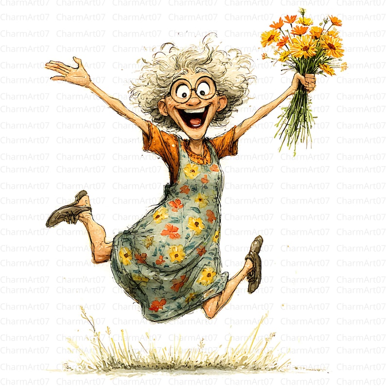 May include: A whimsical illustration of a joyful person jumping in the air, holding a bouquet of yellow flowers. The person wears an orange shirt and a floral print dress. The image has the text "CharmArt07" repeated throughout.