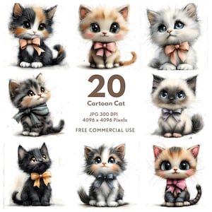 May include: A collection of nine cartoon cat illustrations. Each cat has large eyes and wears a bow. The cats are in various colors, including black, white, orange, and gray. The image also includes the text "20 Cartoon Cat".