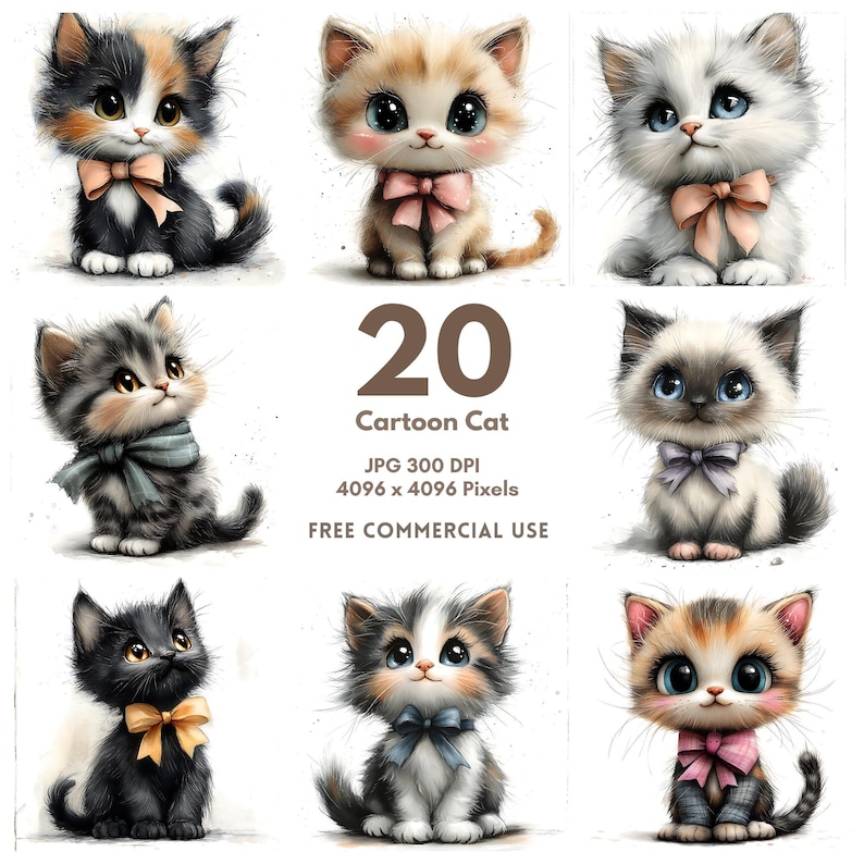 May include: A collection of nine cartoon cat illustrations. Each cat has large eyes and wears a bow. The cats are in various colors, including black, white, orange, and gray. The image also includes the text "20 Cartoon Cat".