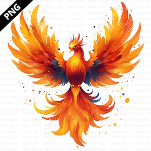 28 Clipart phénix en couronne, téléchargement numérique, aquarelle imprimable, oiseau de feu, rouge, orange, mythologique, JPG, journal indésirable, travaux manuels en papier