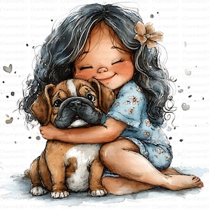 19 Clipart fille avec chien, clipart fille original, cadeau pour amoureux des chiens, fille avec chien, JPG de haute qualité, aquarelle imprimable, travaux manuels, journal indésirable