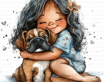 19 Girl with Dog Clipart, quirky girl clipart, Dog Lover Gift, Girl with Dog, High-Quality JPG, Printable Watercolor,craft, Junk Journal