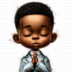 May include: Digital illustration of a young Black child with closed eyes and hands clasped in prayer. The child wears a light blue suit with a white shirt and a small yellow pocket square. The child has dark skin, freckles, and a black afro.