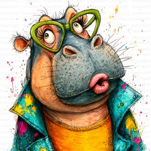 Puede incluir: Una ilustraci&oacute;n acuarela caprichosa de un hipop&oacute;tamo con gafas verdes y una chaqueta turquesa con salpicaduras de pintura coloridas. El hipop&oacute;tamo tiene una camisa amarilla y est&aacute; frunciendo los labios. La obra de arte tiene un estilo juguet&oacute;n y expresivo.