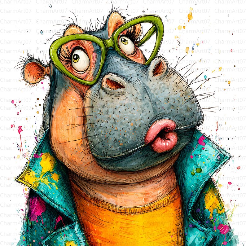 Puede incluir: Una ilustraci&oacute;n acuarela caprichosa de un hipop&oacute;tamo con gafas verdes y una chaqueta turquesa con salpicaduras de pintura coloridas. El hipop&oacute;tamo tiene una camisa amarilla y est&aacute; frunciendo los labios. La obra de arte tiene un estilo juguet&oacute;n y expresivo.