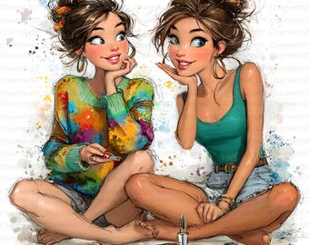 Watercolor Best Friends Clipart Bundle, Girls Illustration (JPG)